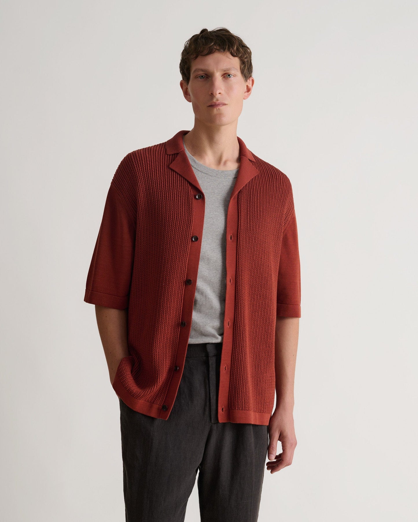 Men's Cotton Textured Knit Shirt - Burnt Sienna