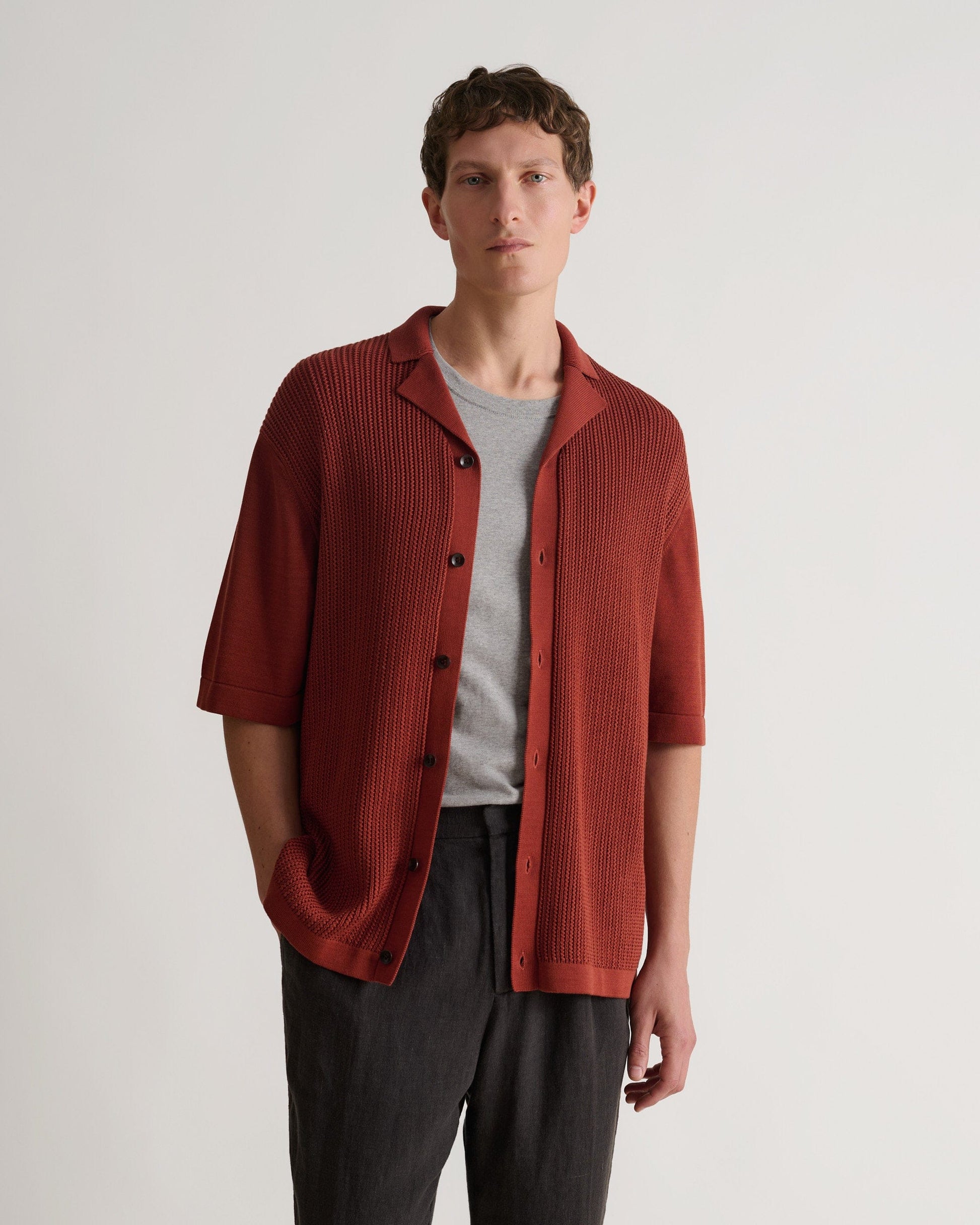 Men's Cotton Textured Knit Shirt - Burnt Sienna