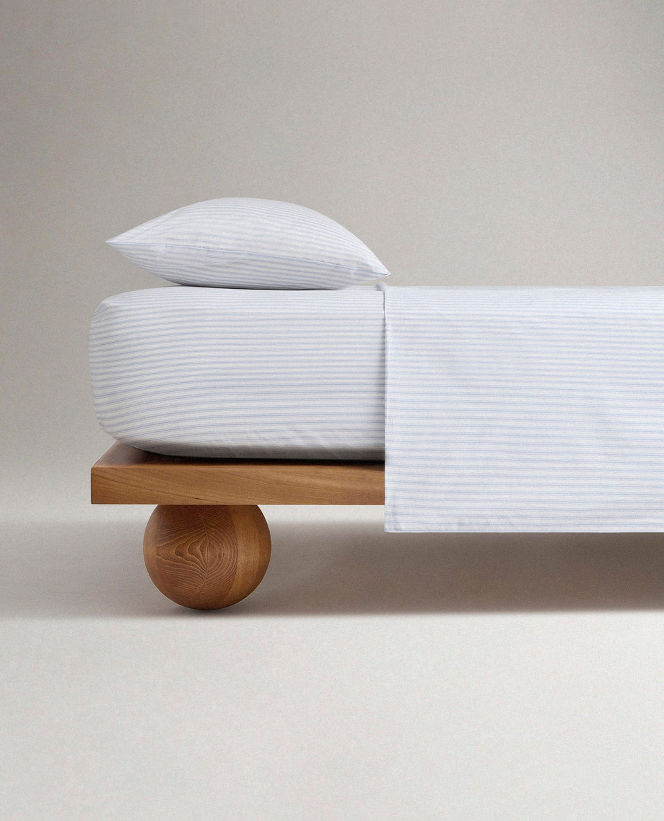 The Crisp & Cool Organic Luxury Fitted Sheet - Blue Stripe Ticking