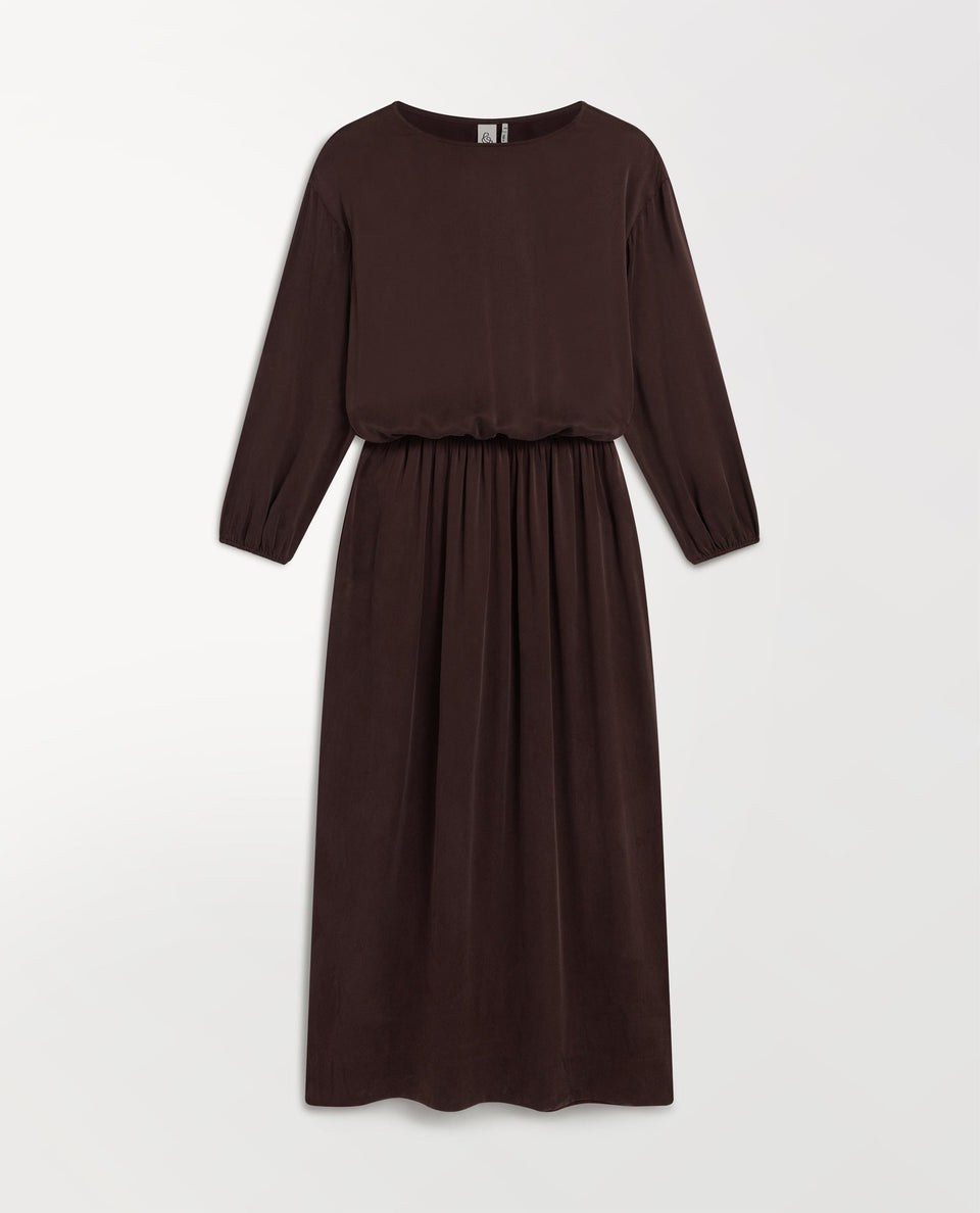 Women's Gathered Waist Easy-Silk Dress - Umber