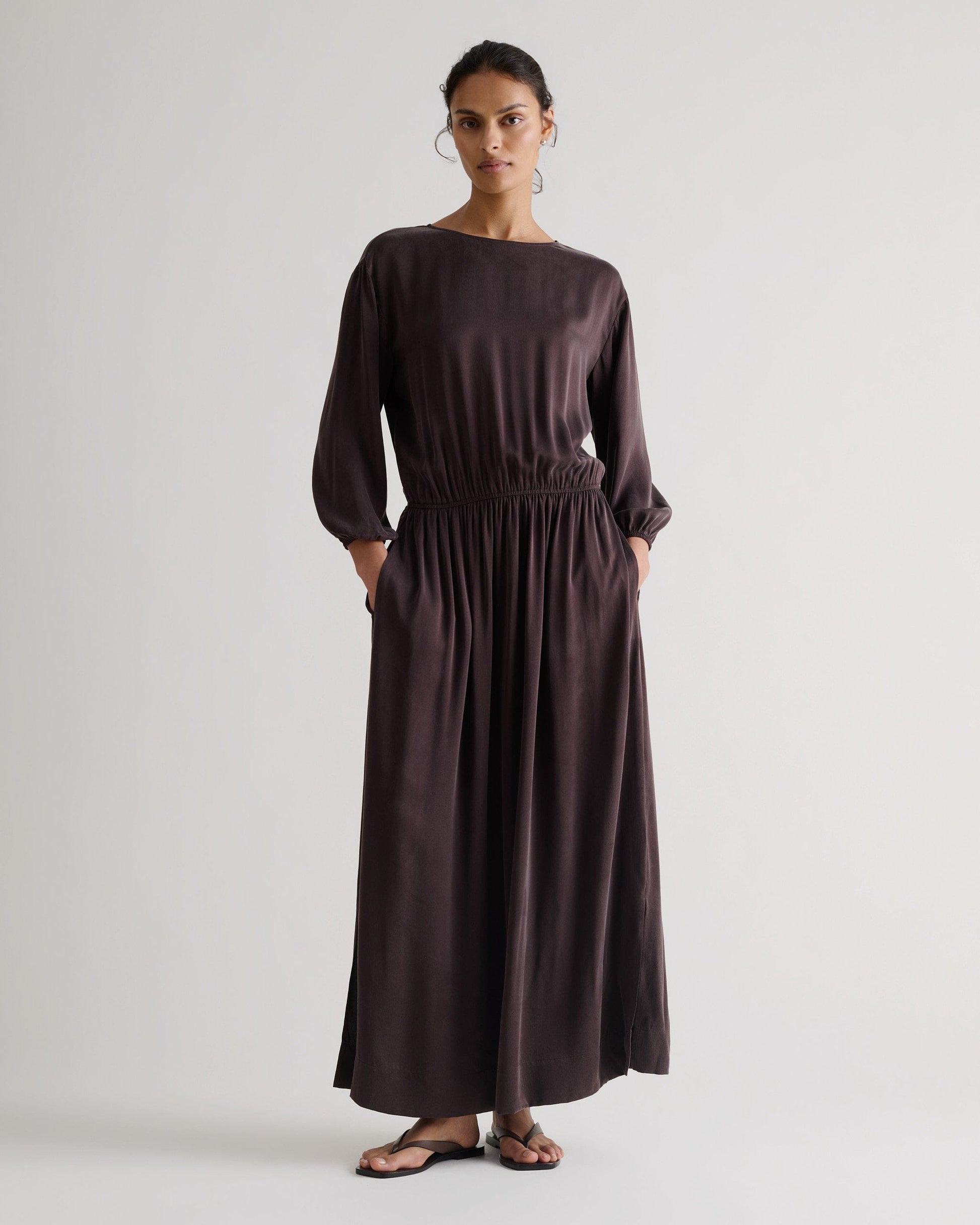 Women's Gathered Waist Easy-Silk Dress - Umber