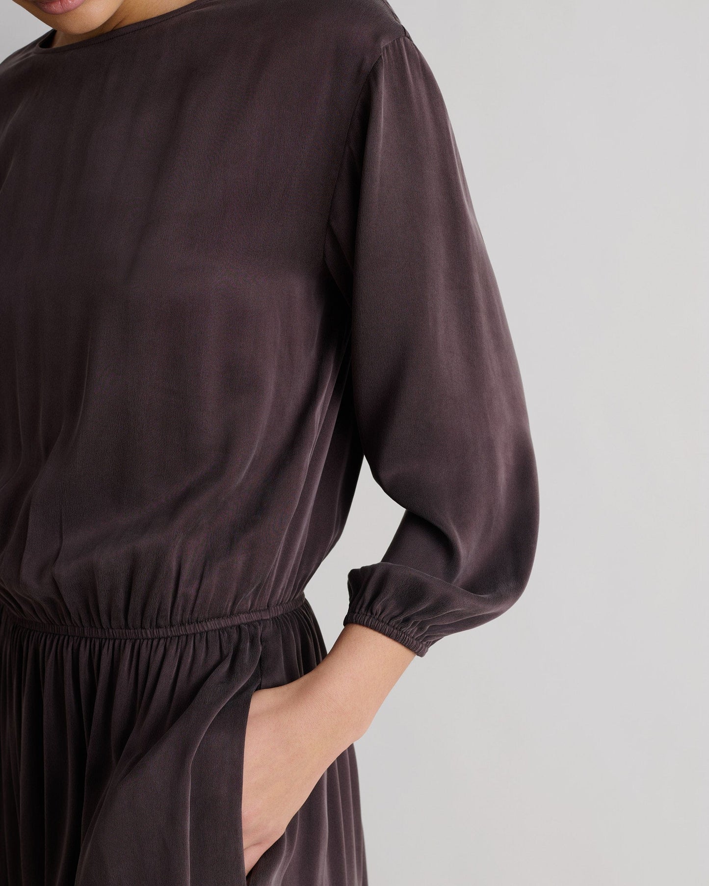 Women's Gathered Waist Easy-Silk Dress - Umber