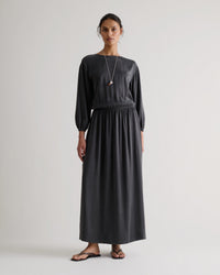 Women's Gathered Waist Easy-Silk Dress - Washed Black