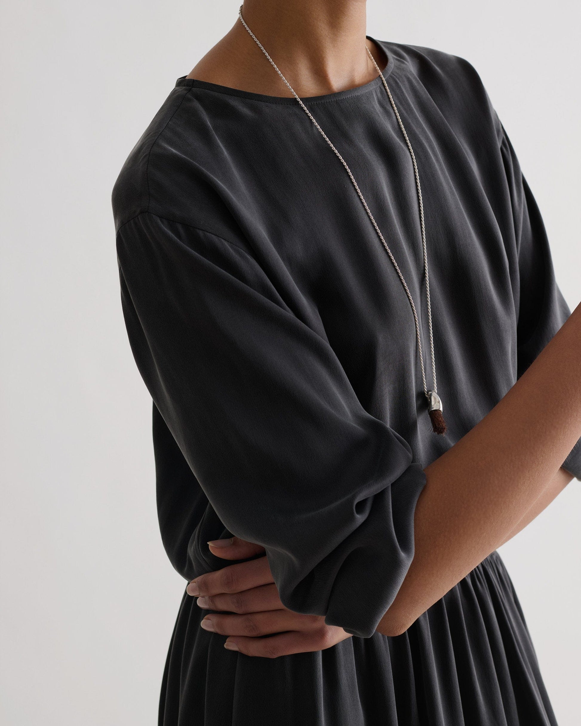 Women's Gathered Waist Easy-Silk Dress - Washed Black