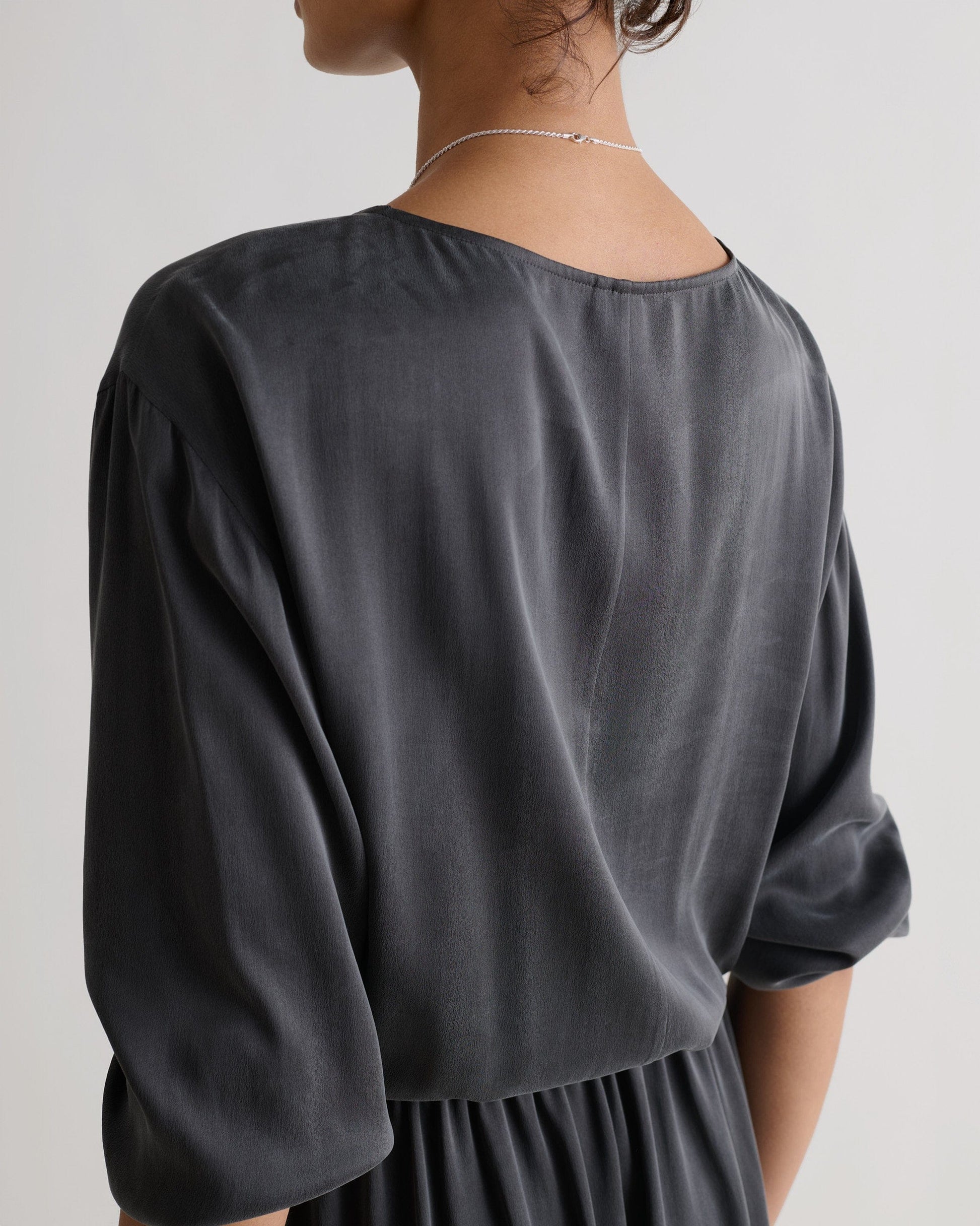 Women's Gathered Waist Easy-Silk Dress - Washed Black