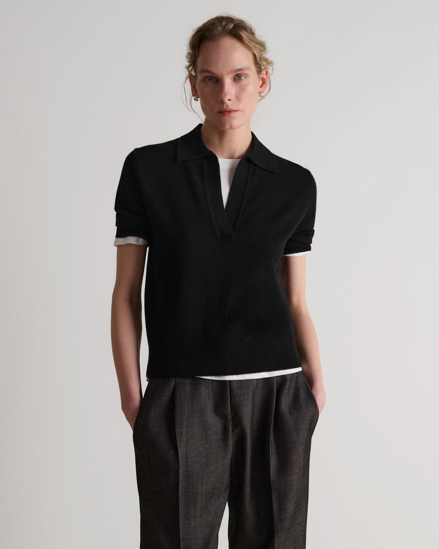 Women's Finest Cashmere Open Collar Polo - Black