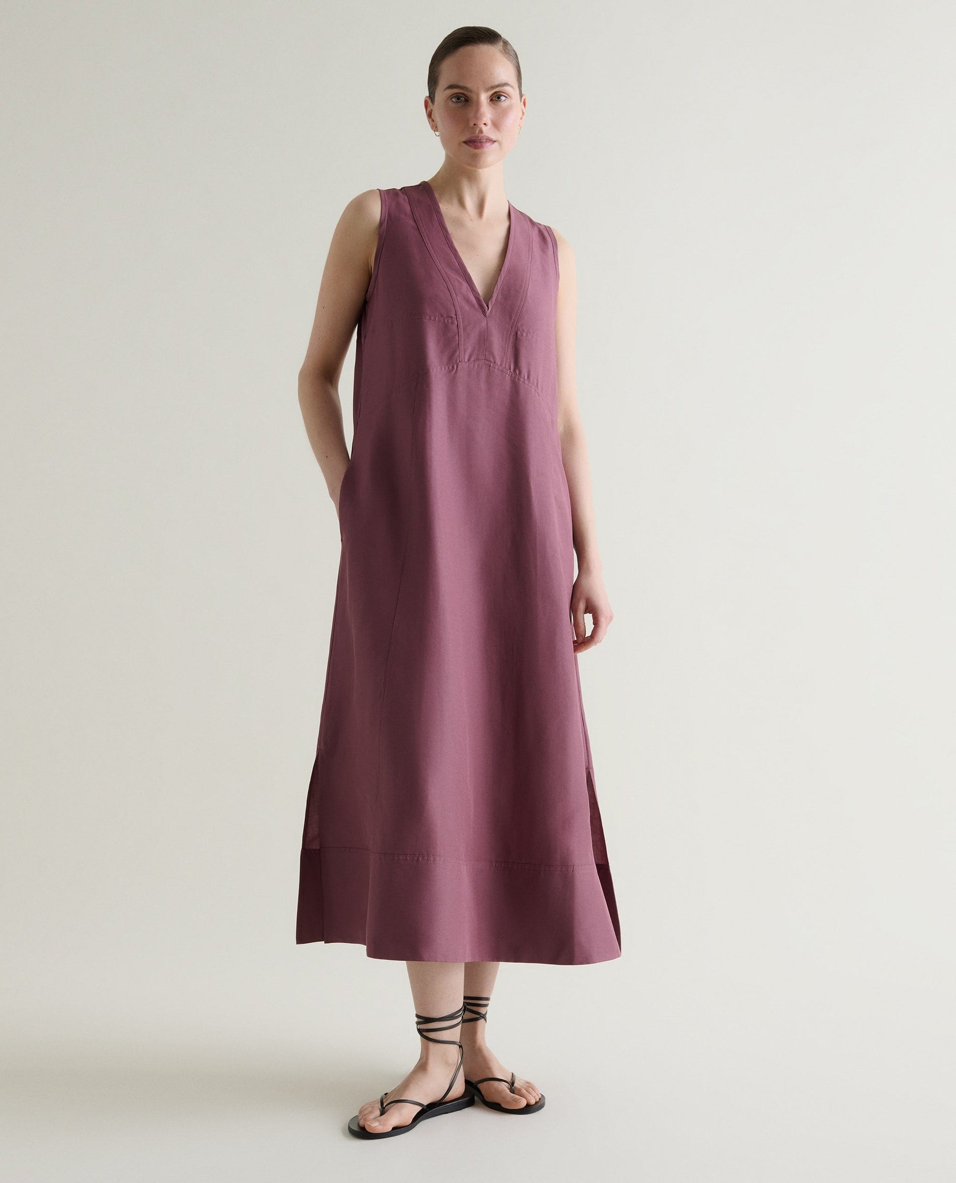 Women's Future-Linen Panelled V Neck Dress - Smoky Lilac