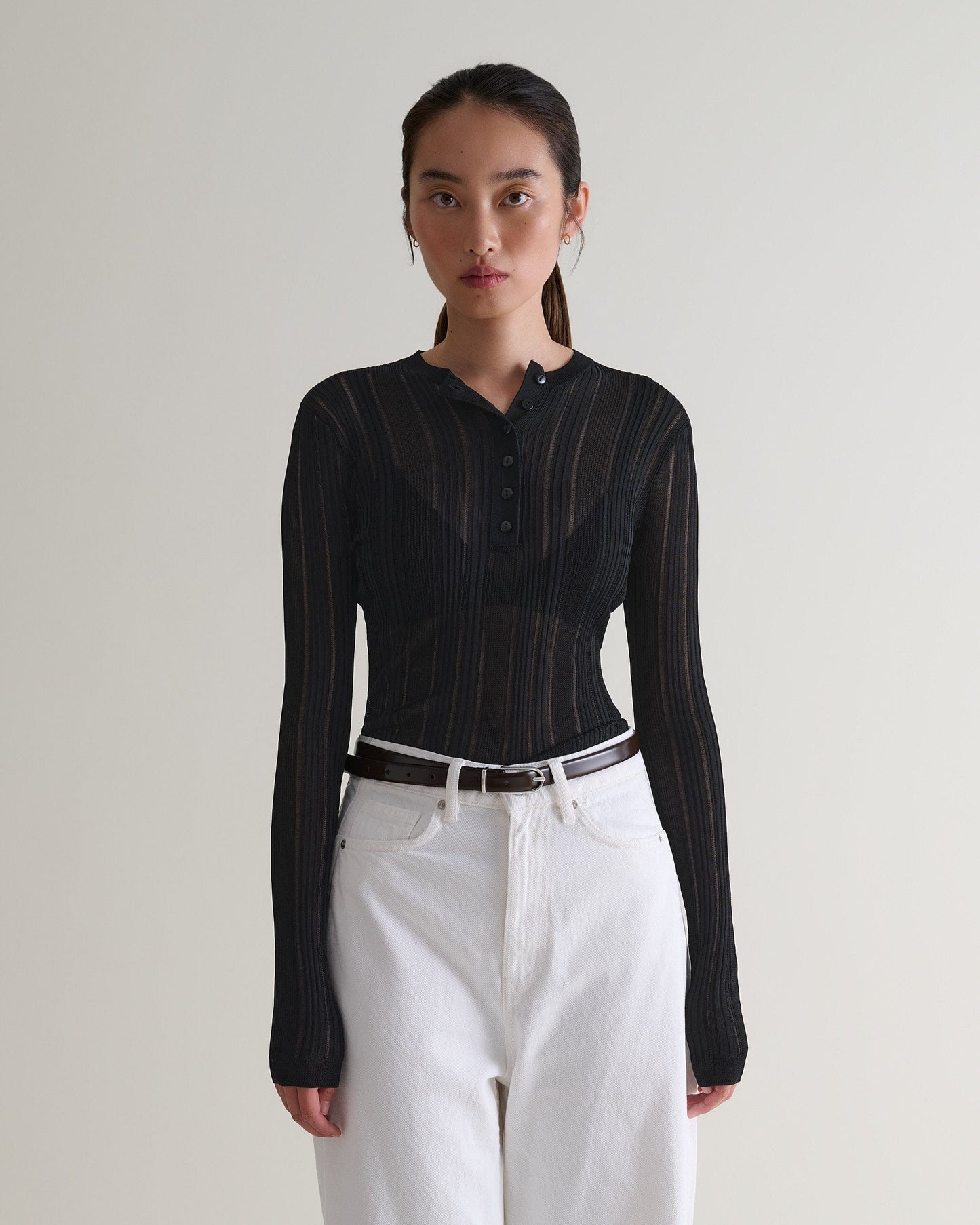 Women's Ladder Ribbed Henley Top - Black