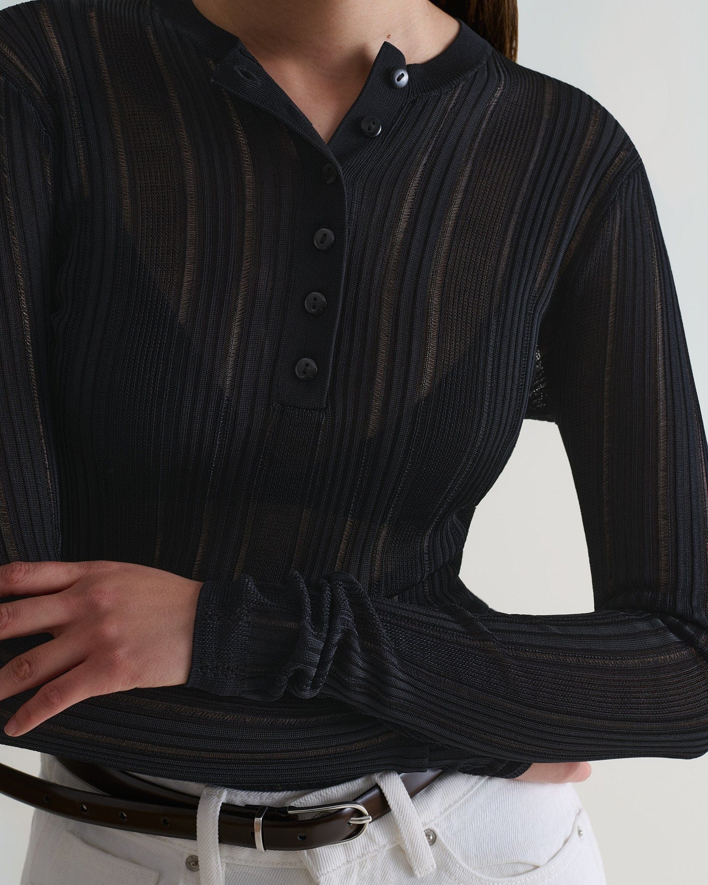 Women's Ladder Ribbed Henley Top - Black