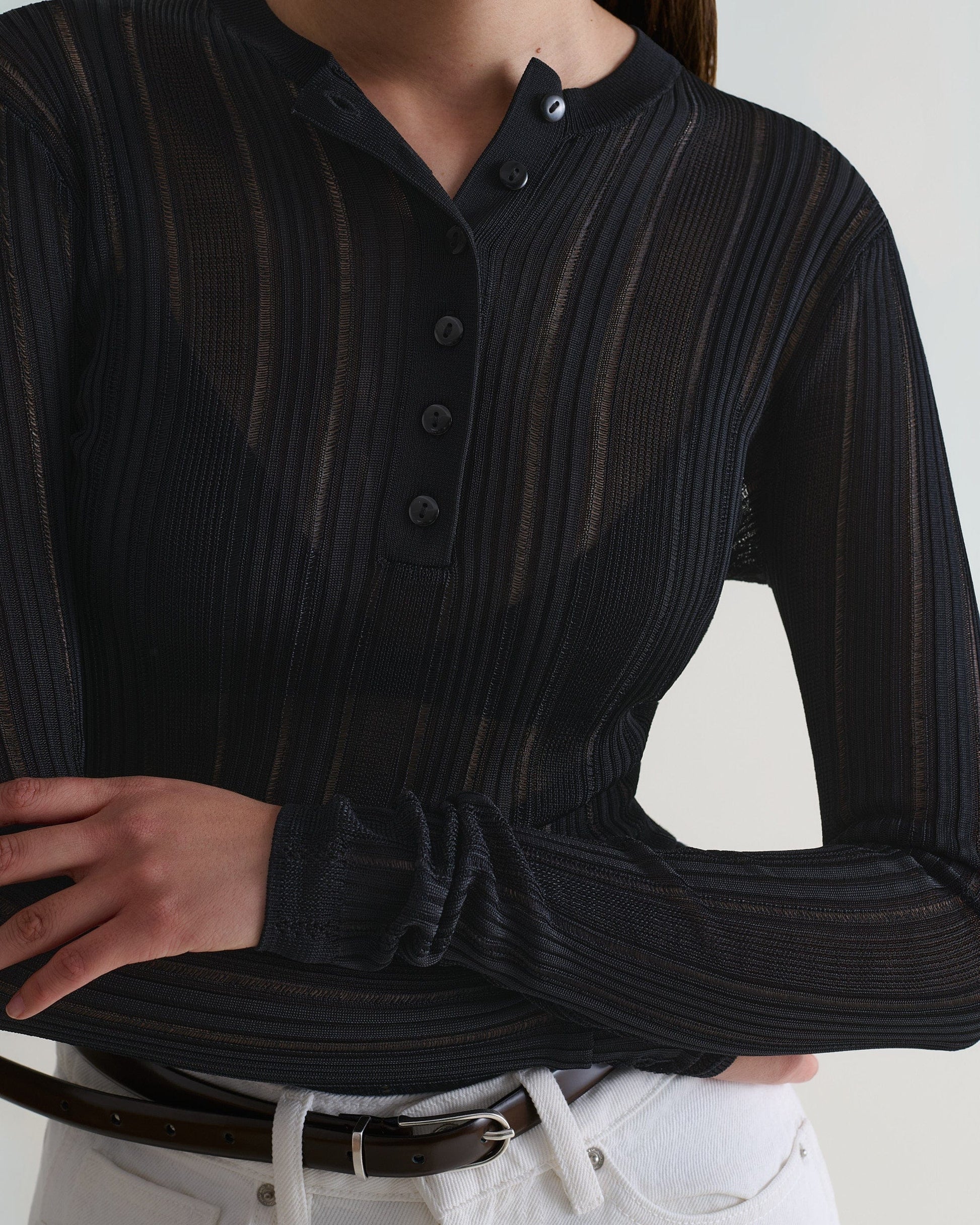 Women's Ladder Ribbed Henley Top - Black