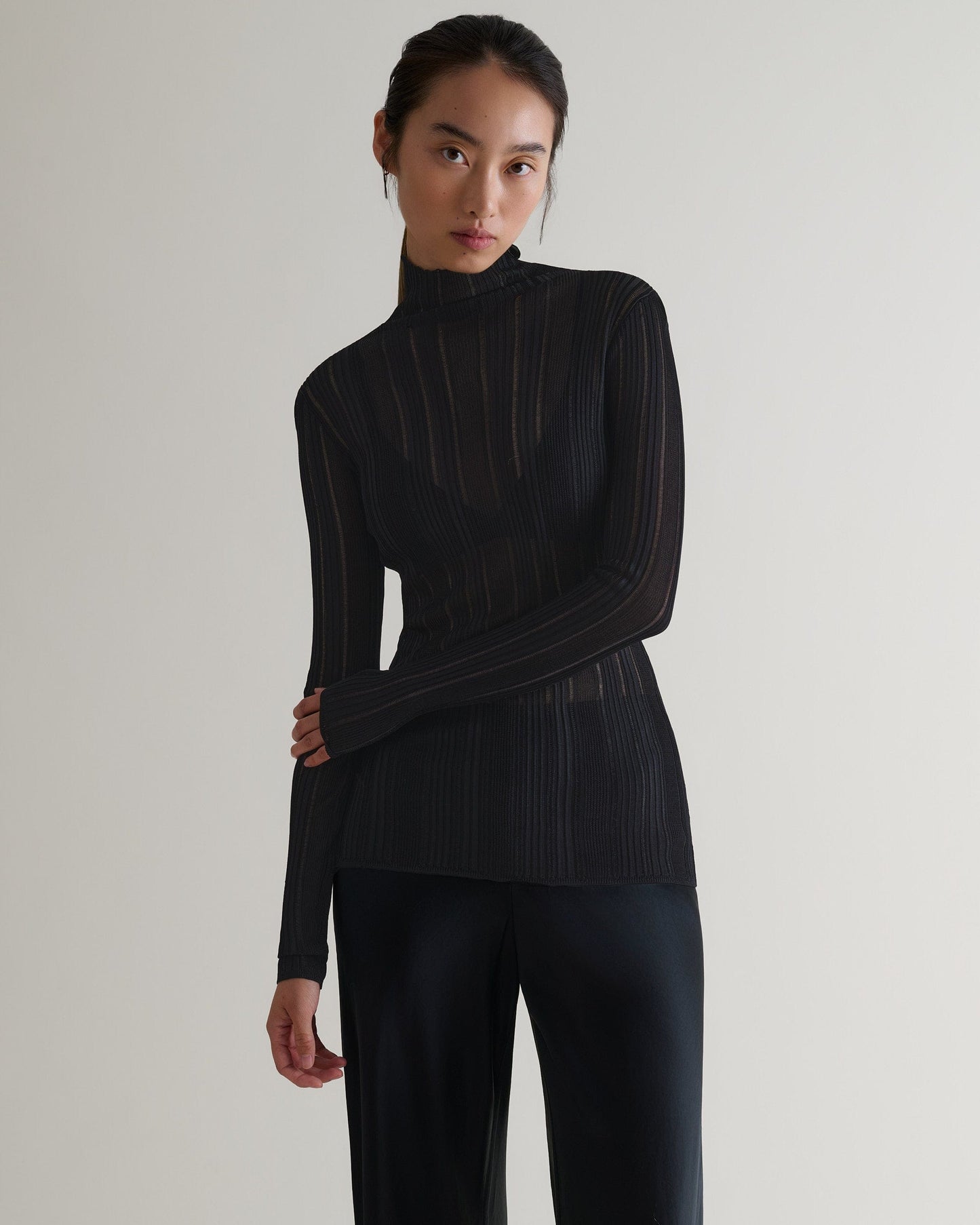 Women's Ladder Ribbed Roll Neck Top - Black