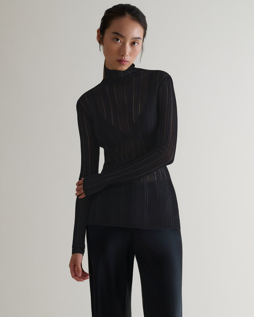 Women's Ladder Ribbed Roll Neck Top - Black