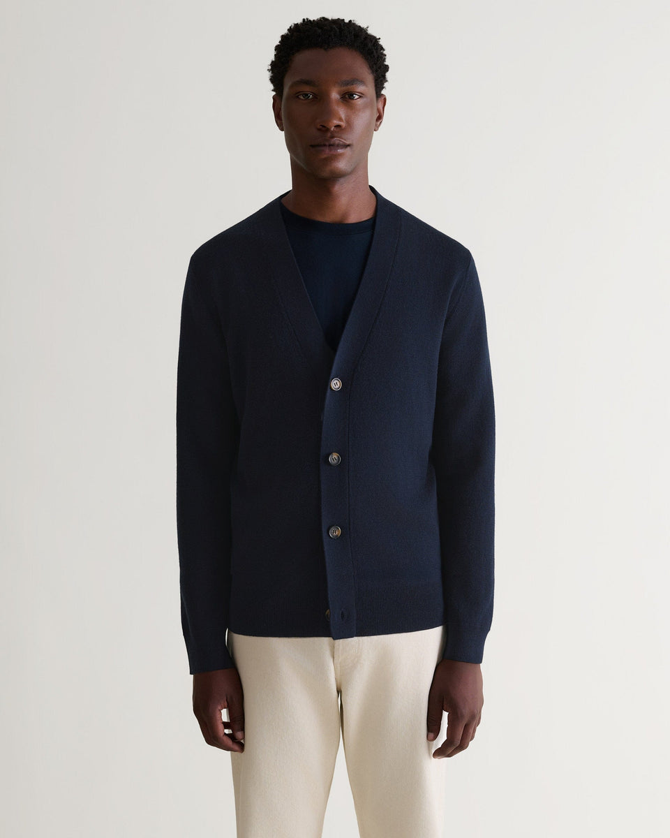 Men's Merino V Neck Cardigan - Navy