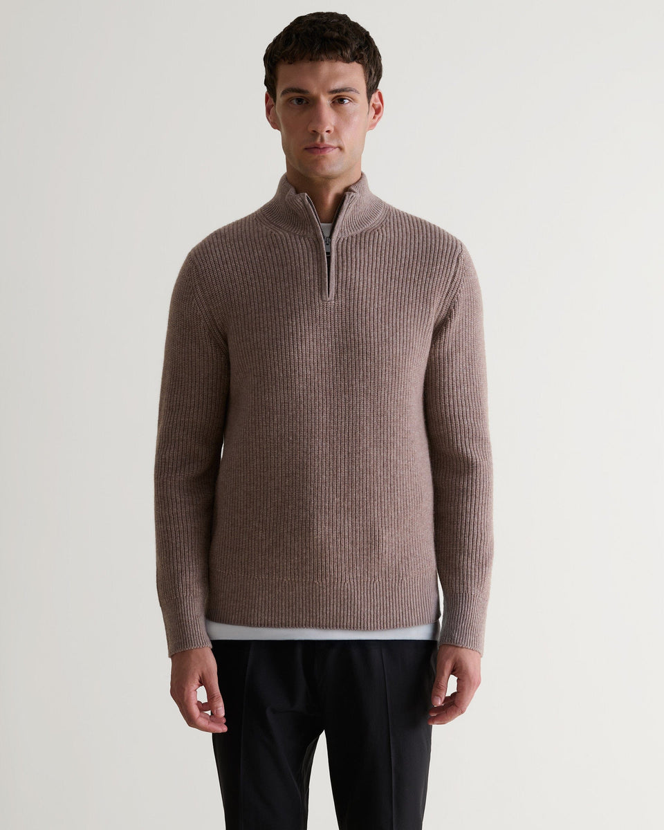 Men's Cashmere Merino Fishermans Rib 1/4 Zip Jumper - Toast