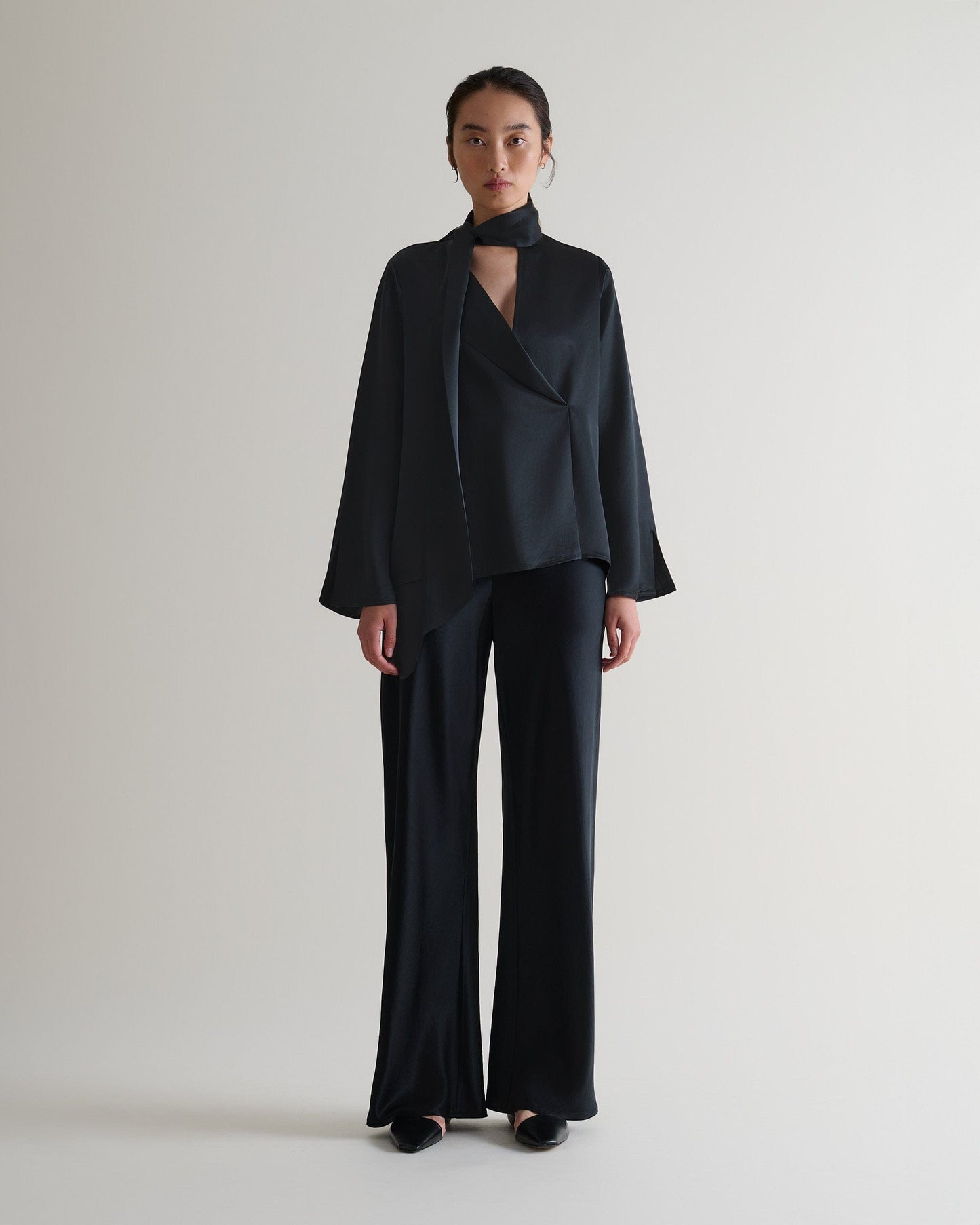 Women's NAIA™ Liquid Satin Scarf Blouse - Black