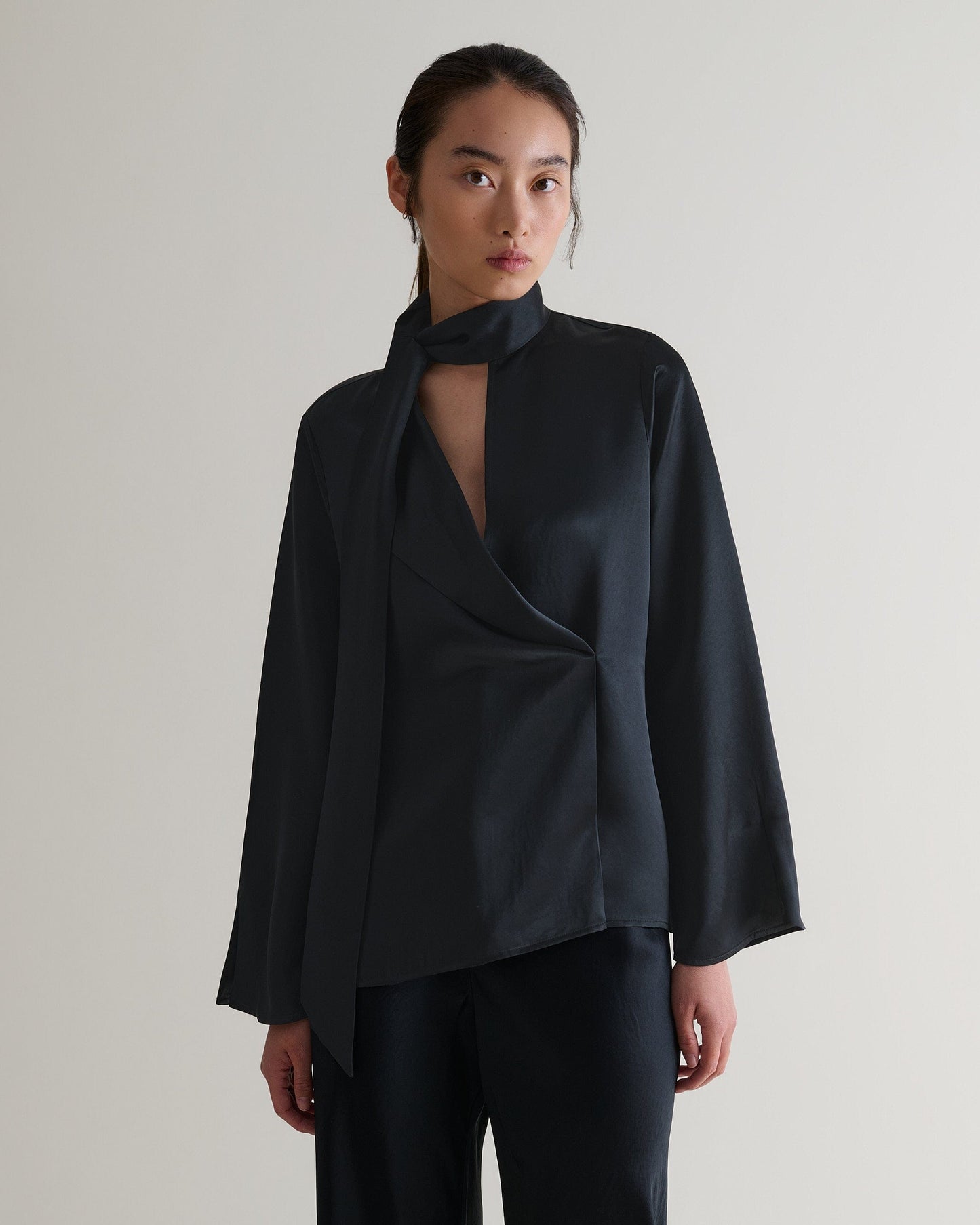 Women's NAIA™ Liquid Satin Scarf Blouse - Black