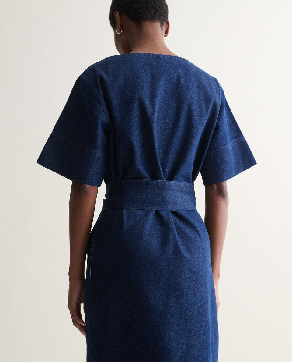 Women's Organic Denim Belted Dress - Indigo
