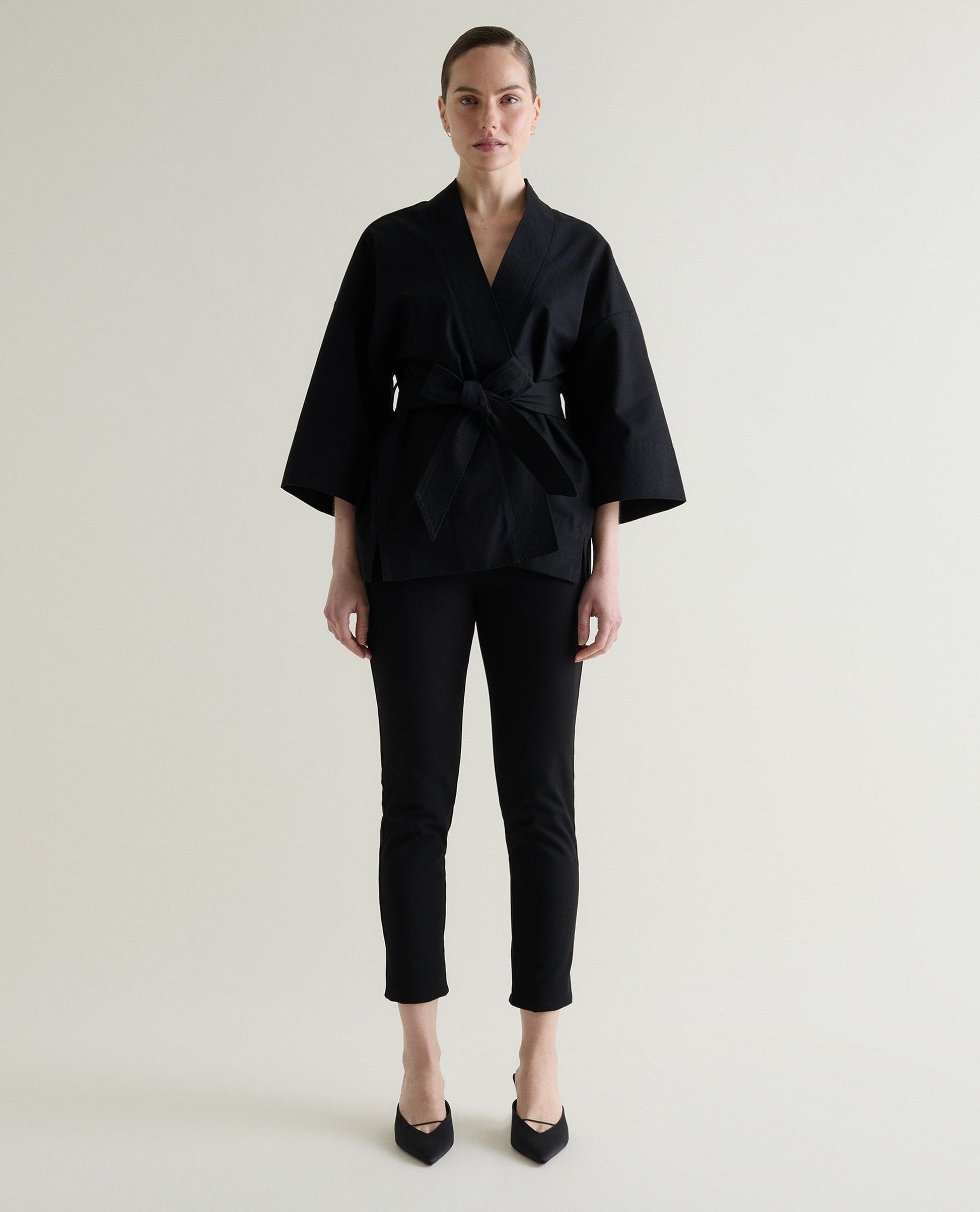 Women's Organic Denim Belted Jacket - Black