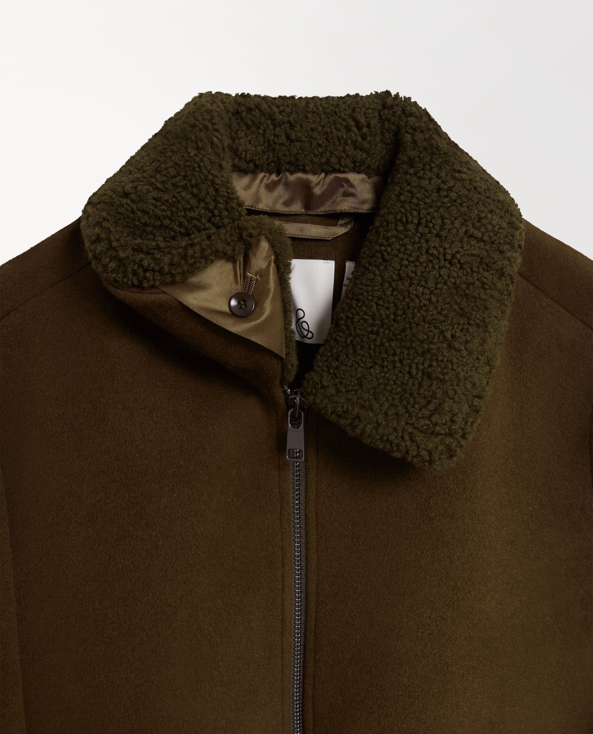 Men's Shearling Collar Wool Bomber Jacket - Olive