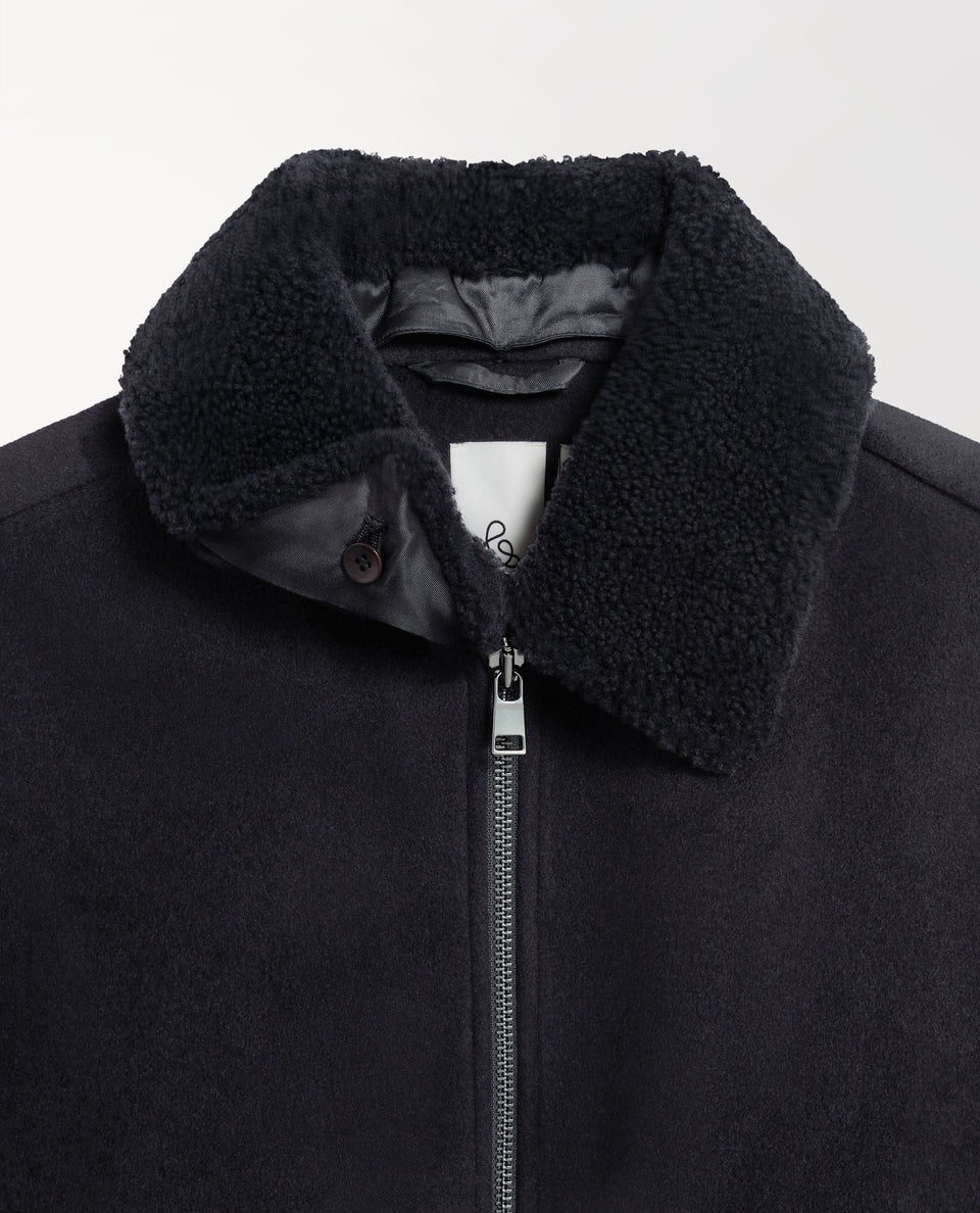 Men's Shearling Collar Wool Bomber Jacket - Navy