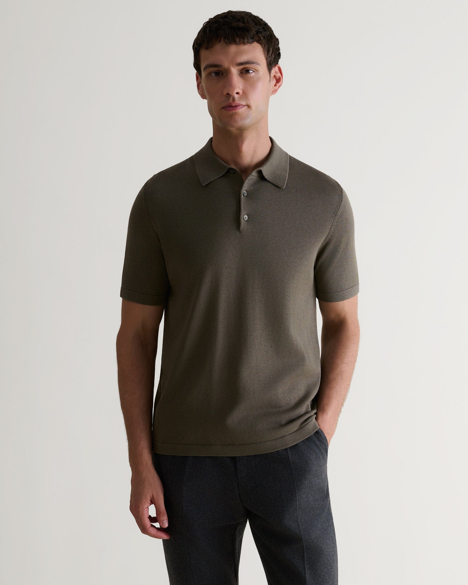 Men's Silk-Cotton Fine Knit Polo - Herb