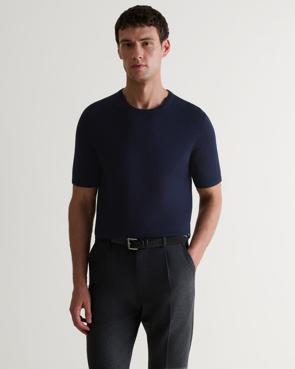 Men's Silk-Cotton Fine Knit T-shirt - Navy