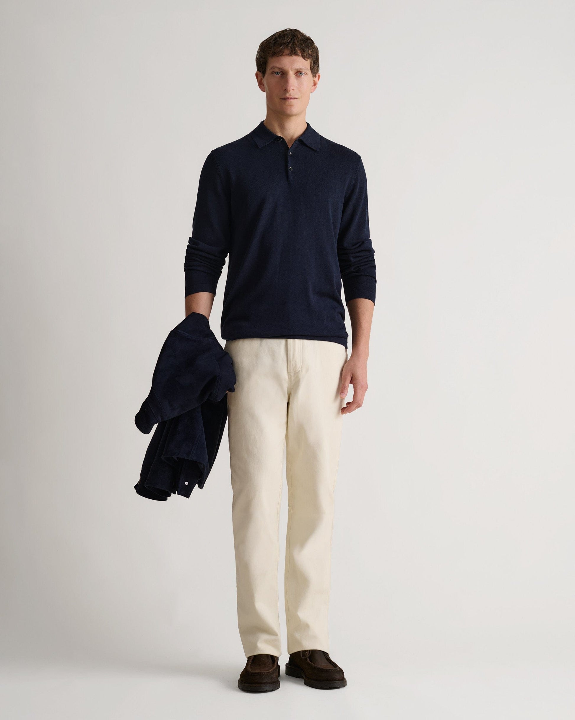 Men's Silk-Cotton Fine Knit Long Sleeve Polo - Indigo