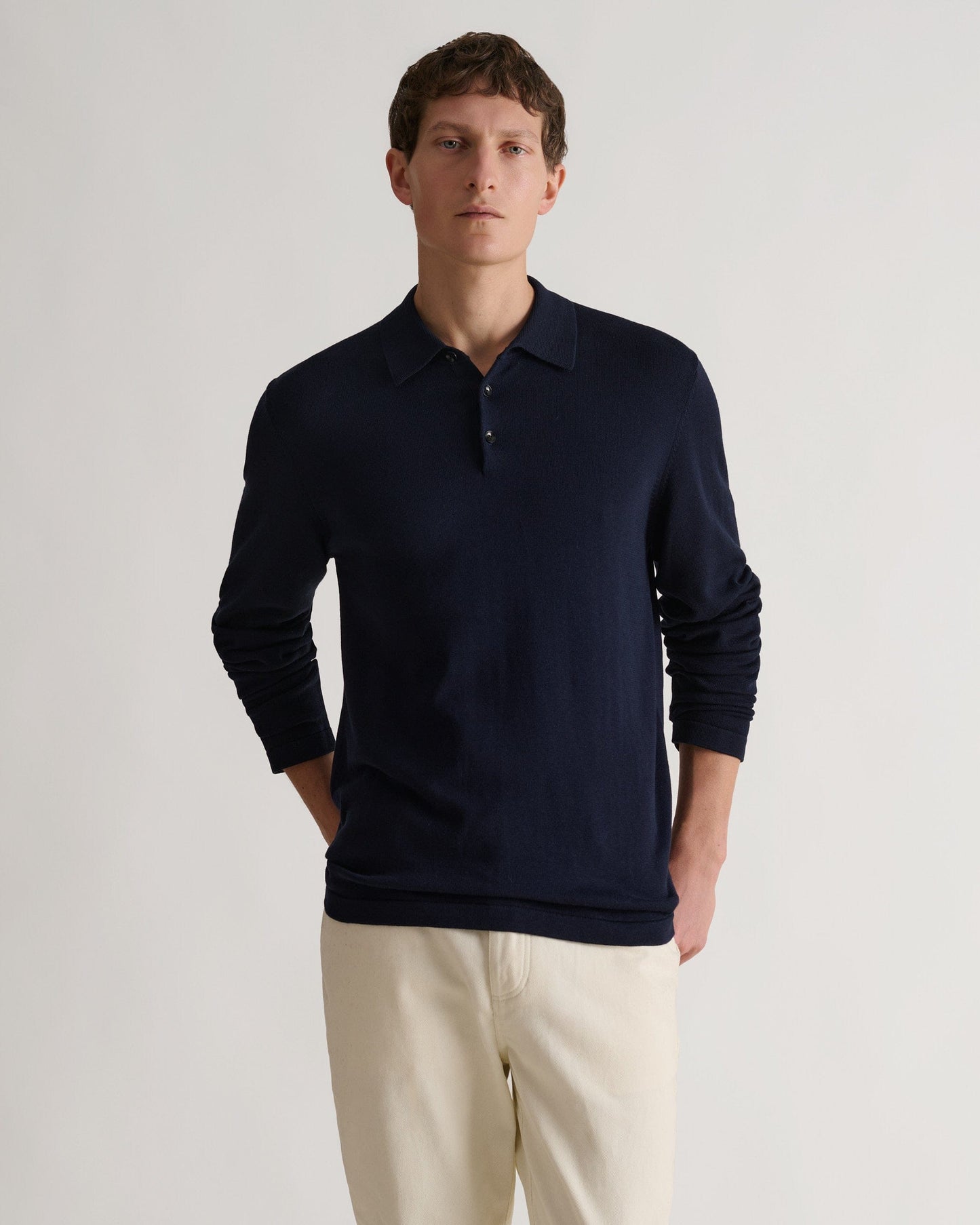 Men's Silk-Cotton Fine Knit Long Sleeve Polo - Indigo