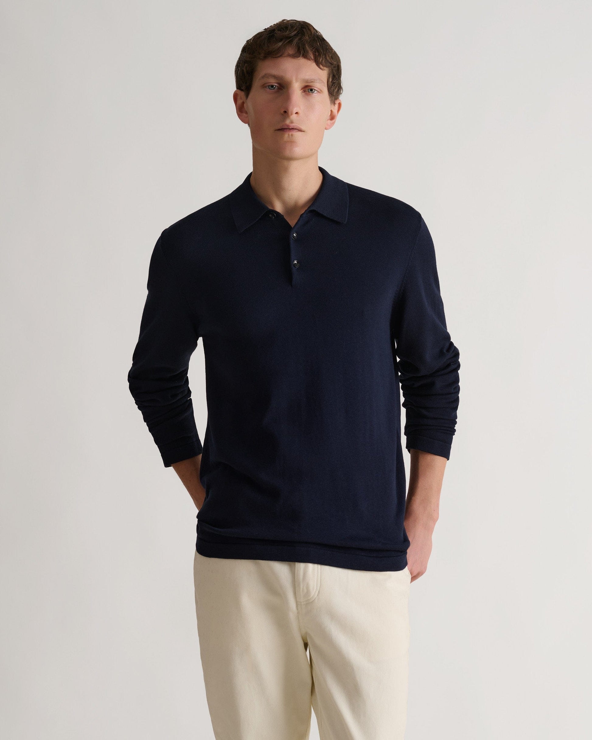 Men's Silk-Cotton Fine Knit Long Sleeve Polo - Indigo