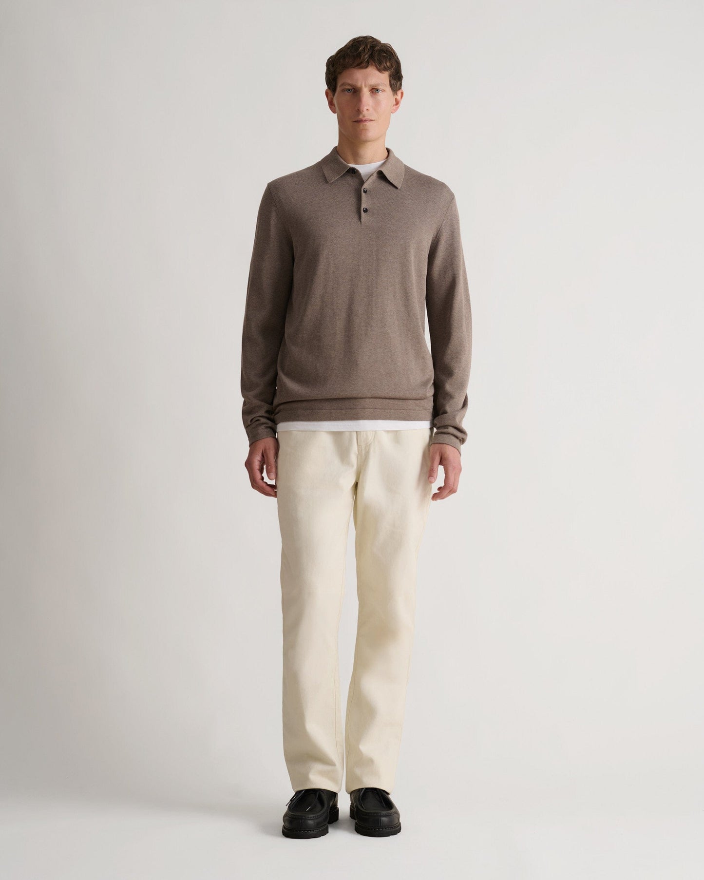 Men's Silk-Cotton Fine Knit Long Sleeve Polo - Mole