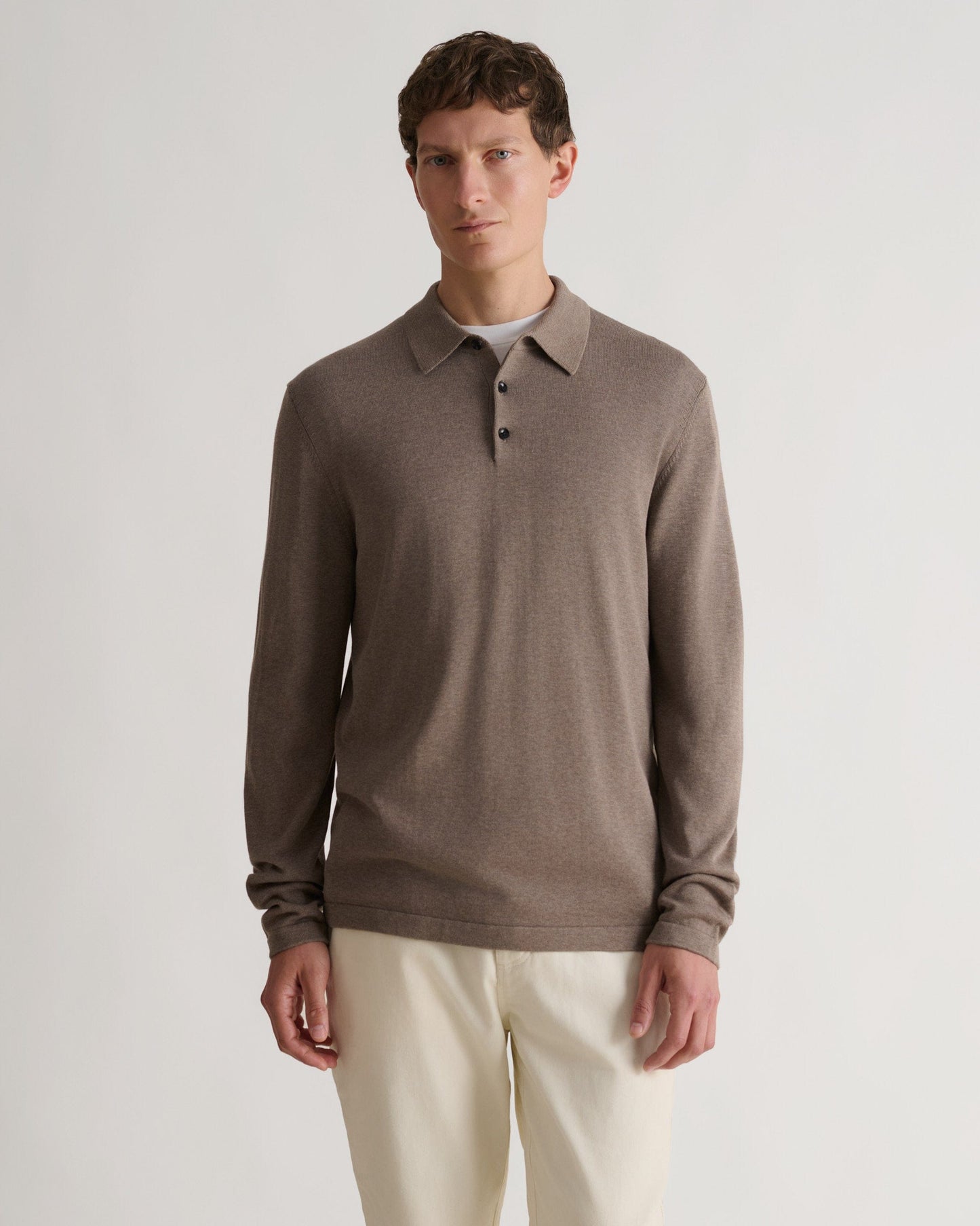 Men's Silk-Cotton Fine Knit Long Sleeve Polo - Mole