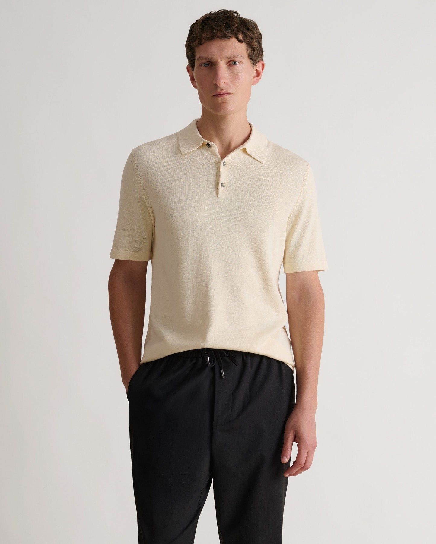 Men's Silk-Cotton Fine Knit Polo - Parchment