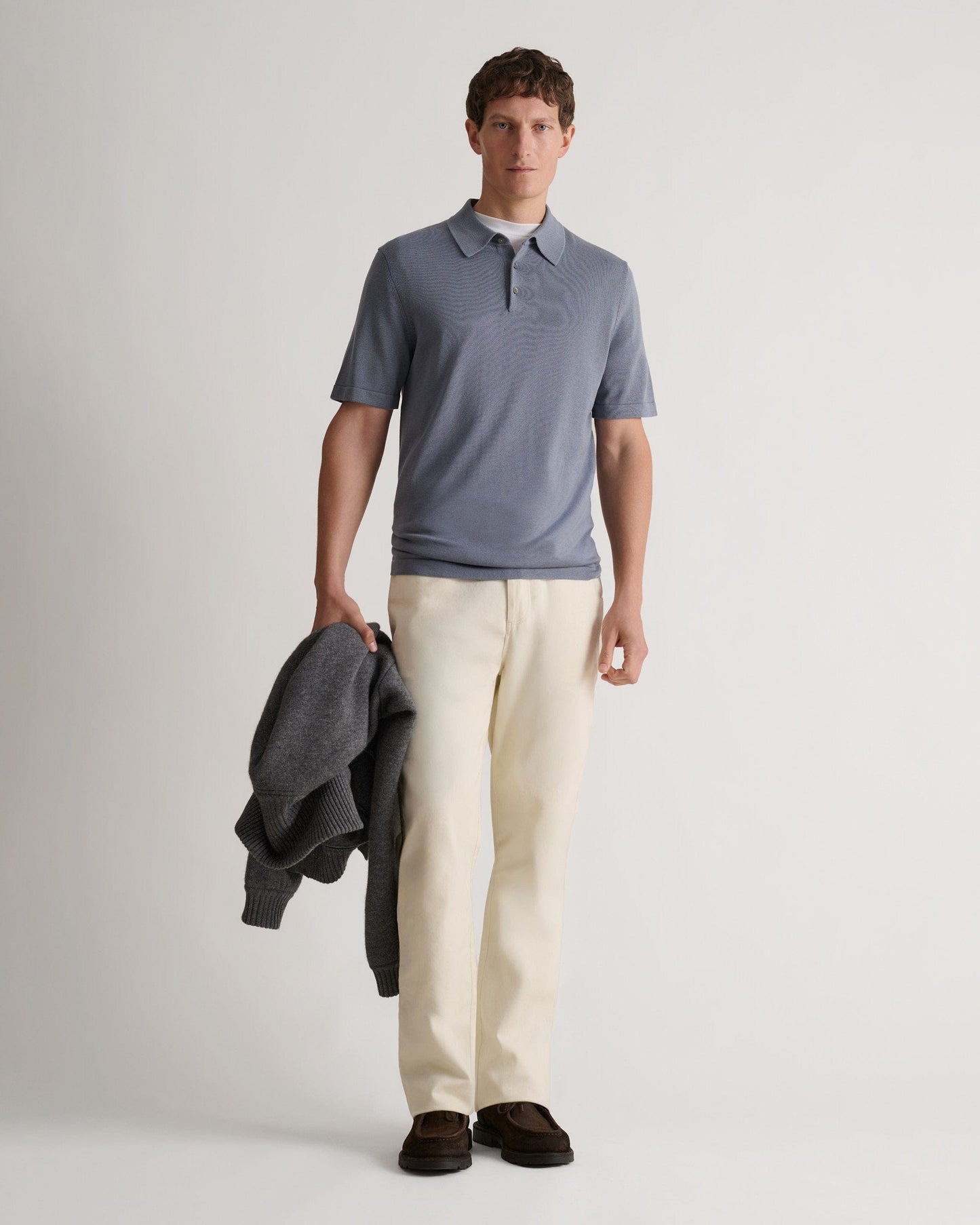 Men's Silk-Cotton Fine Knit Polo - Steel Blue