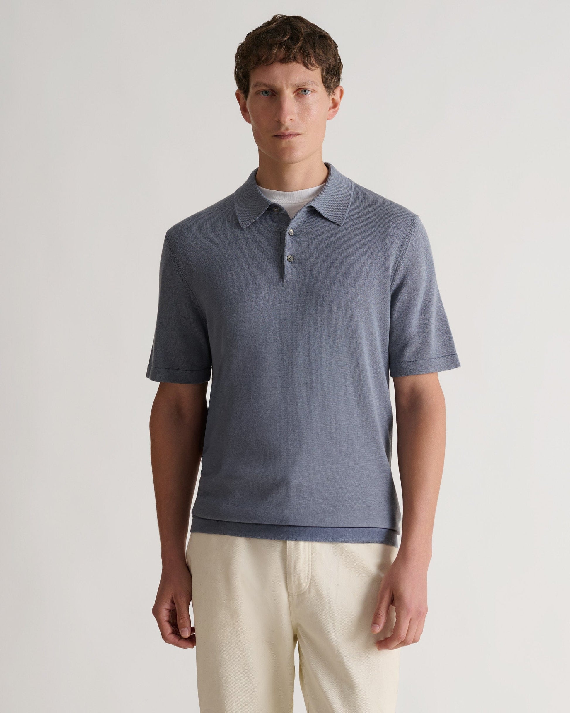 Men's Silk-Cotton Fine Knit Polo - Steel Blue