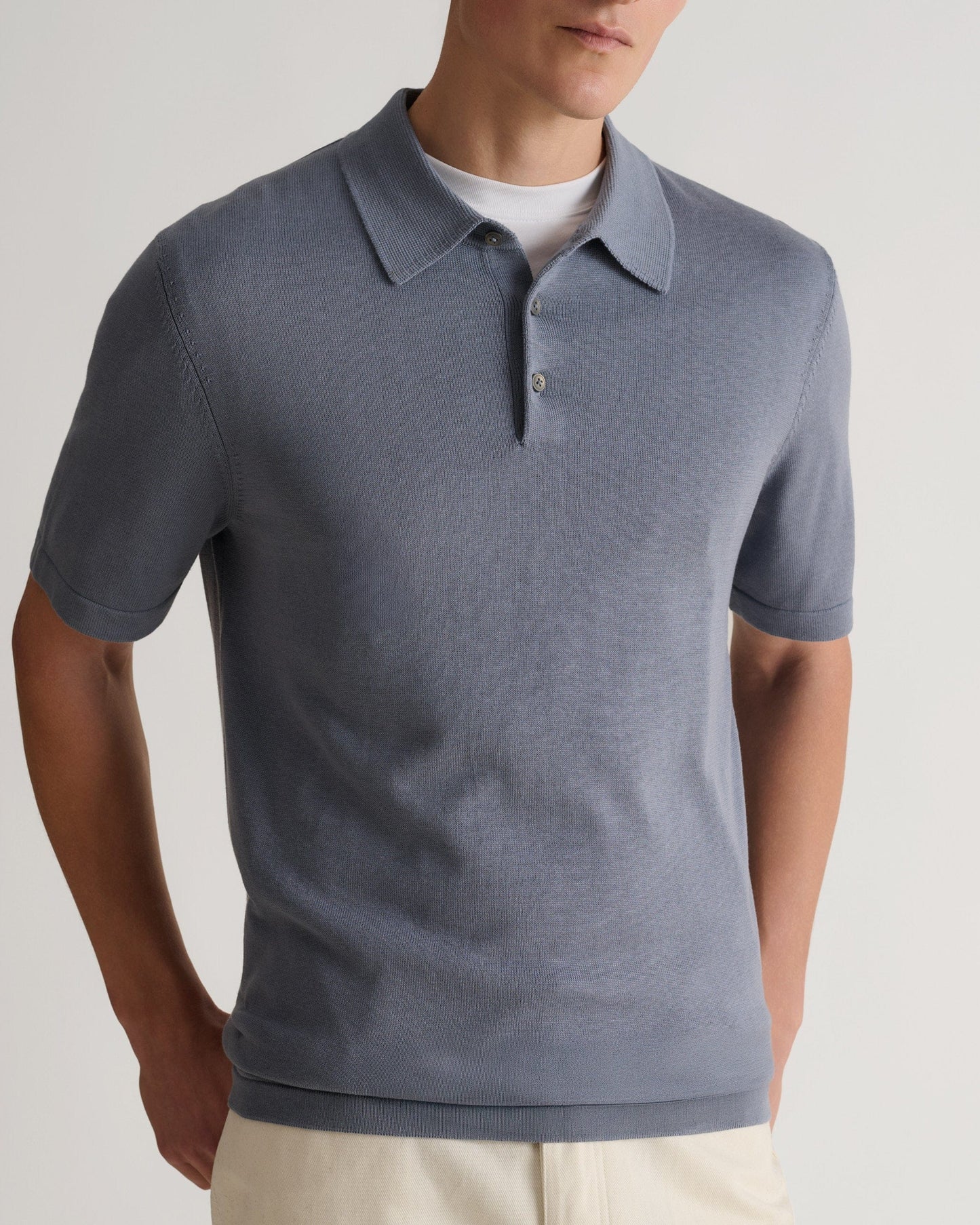 Men's Silk-Cotton Fine Knit Polo - Steel Blue
