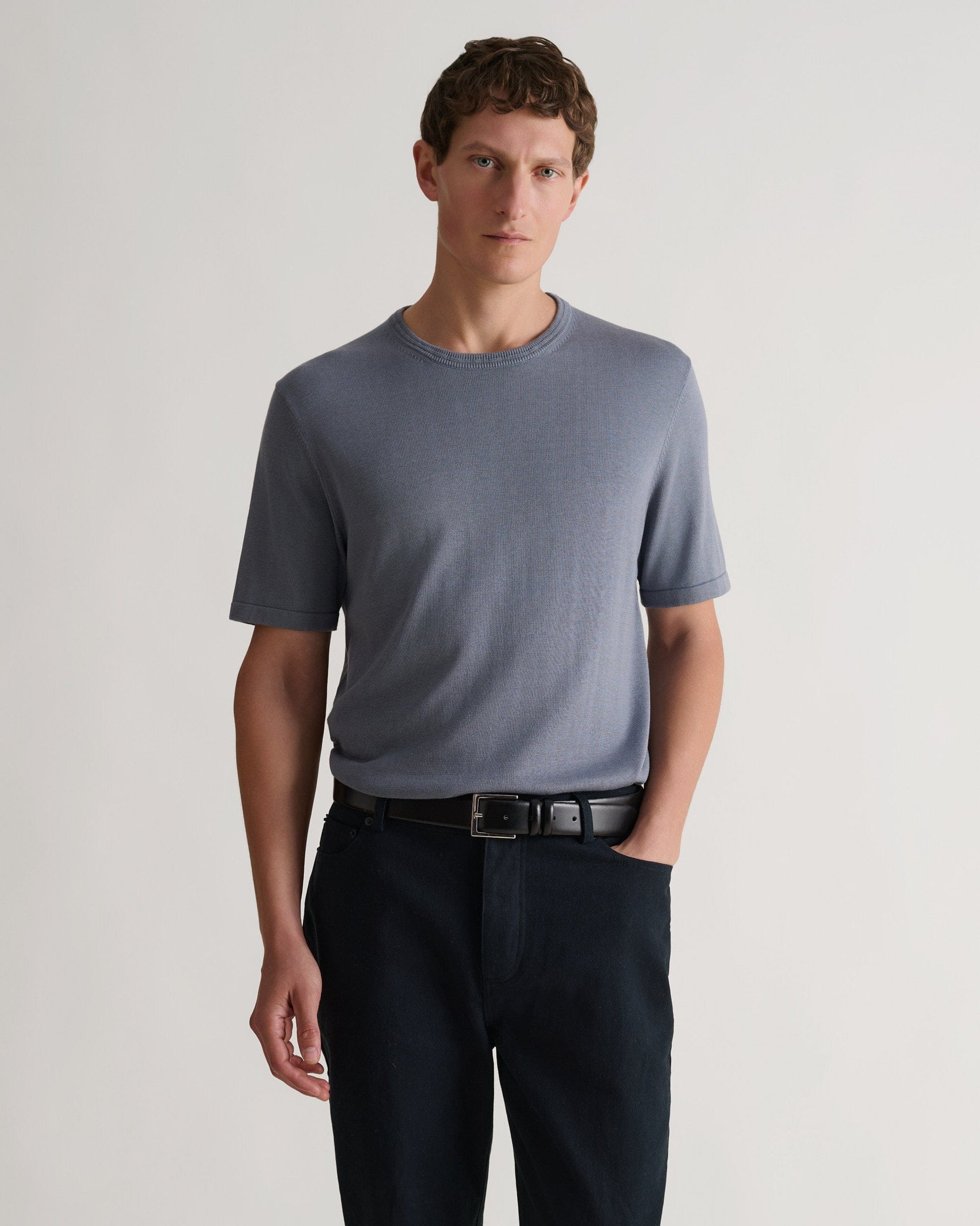 Men's Silk-Cotton Fine Knit T-shirt - Steel Blue