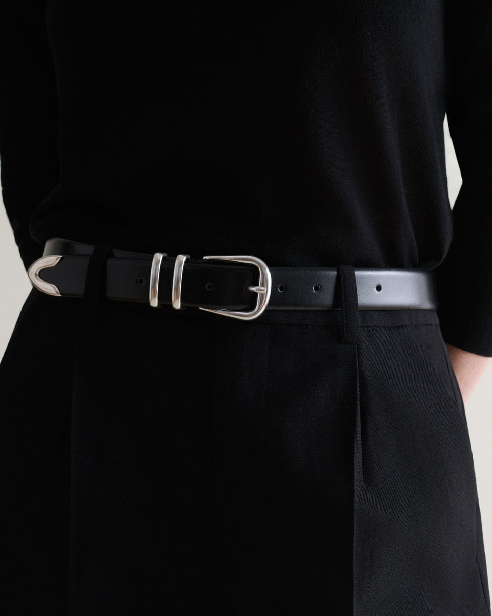 Women's Smooth Leather Wide Buckle Belt - Black