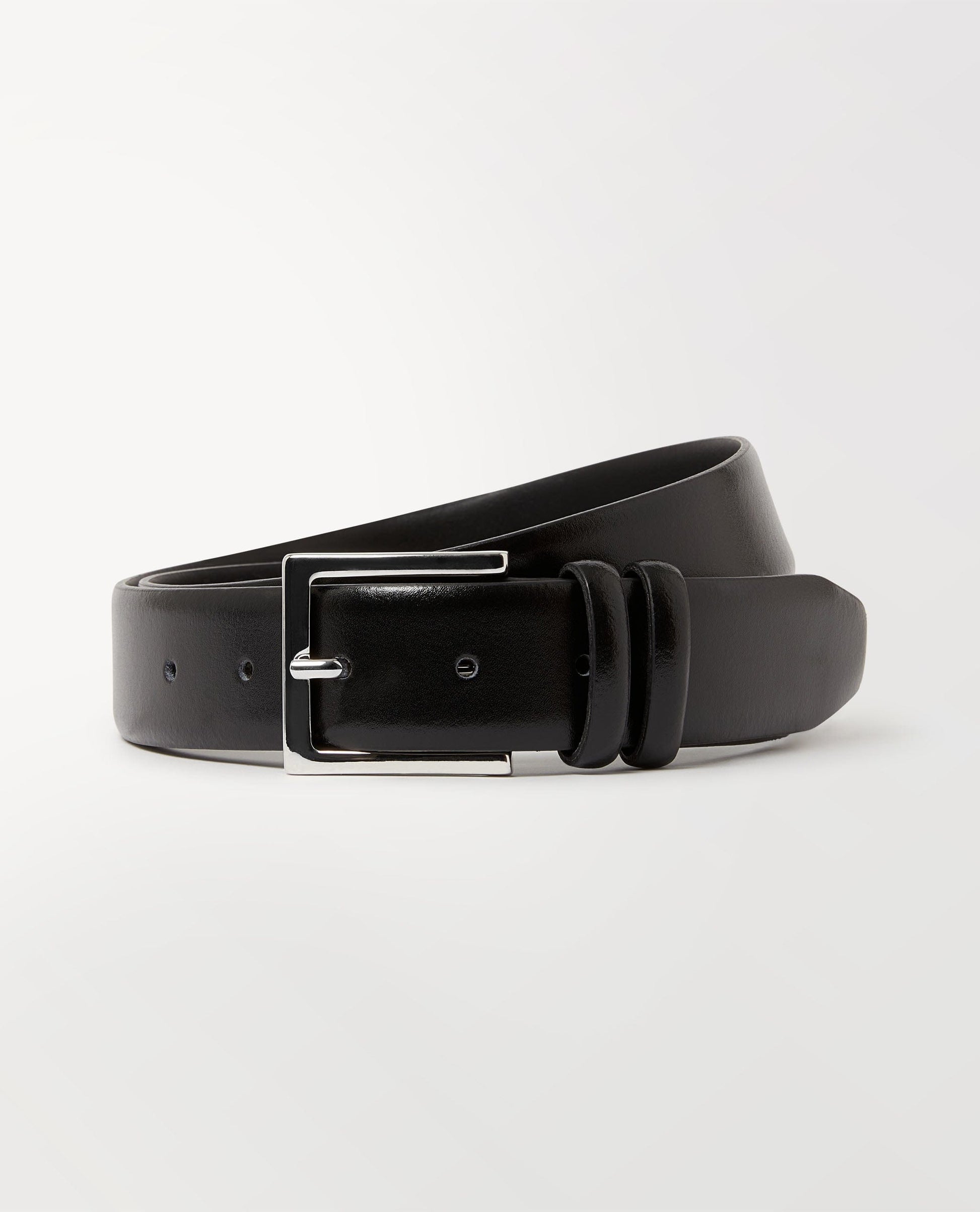 Men's Smooth Grain Silver Buckle Leather Belt - Black