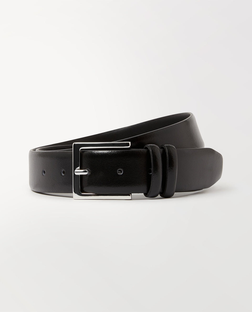 Men's Smooth Grain Silver Buckle Leather Belt - Black