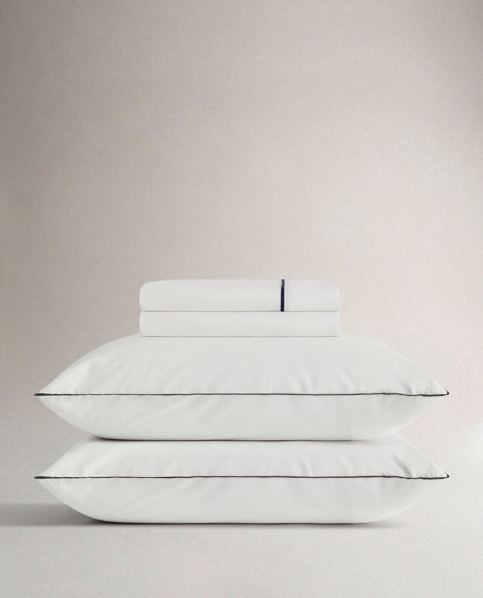 The Crisp & Cool Organic Sheet Set - White Navy Piping