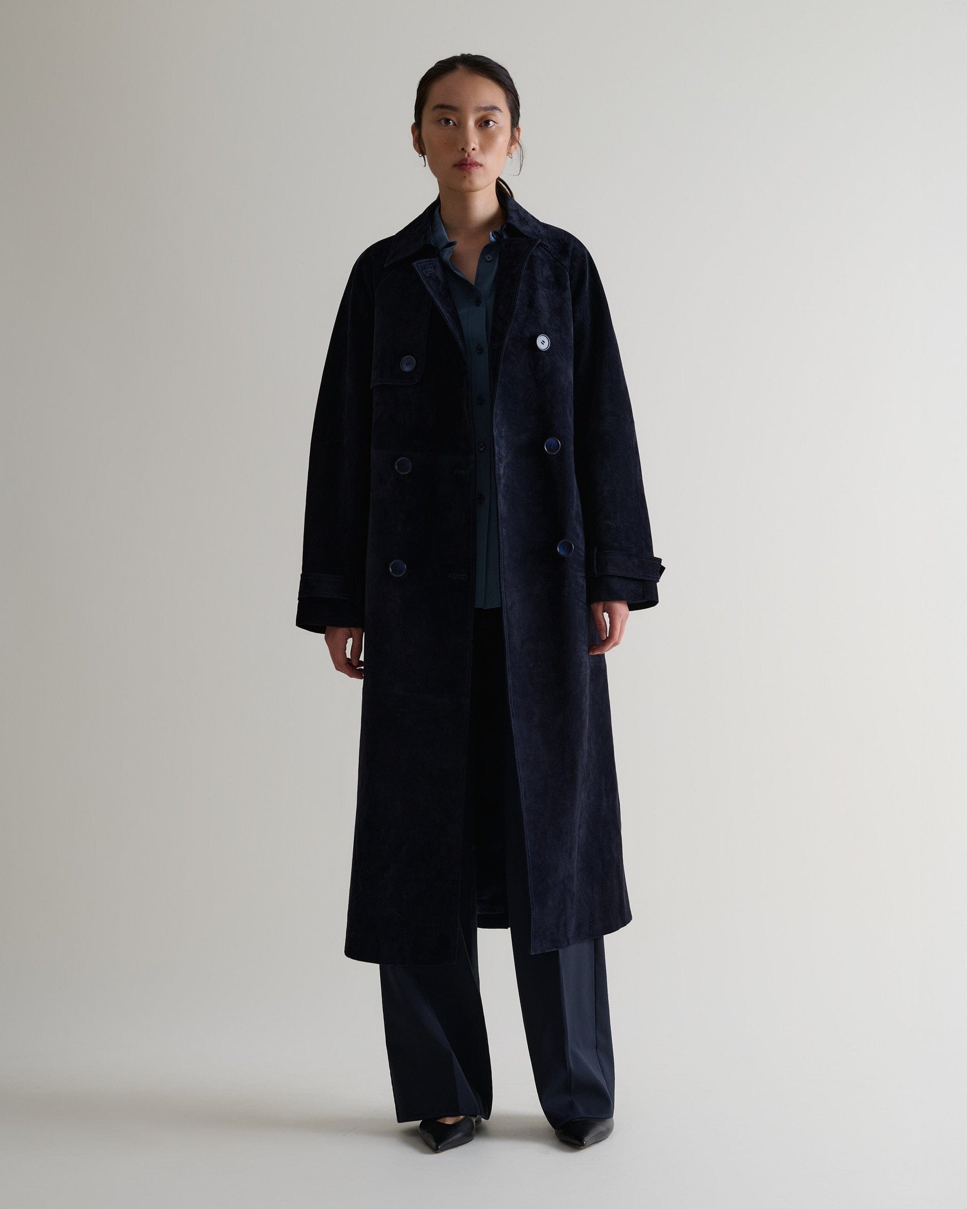 Suede Trench Coat - Navy-[colour]-[size]-Rise &amp; Fall
