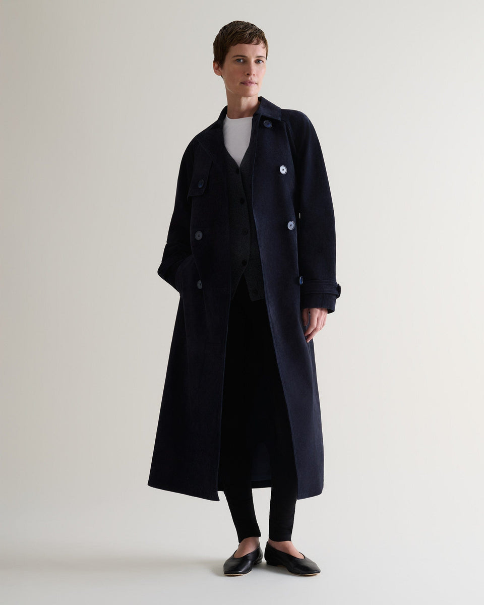 Suede Trench Coat - Navy-[colour]-[size]-Rise &amp; Fall