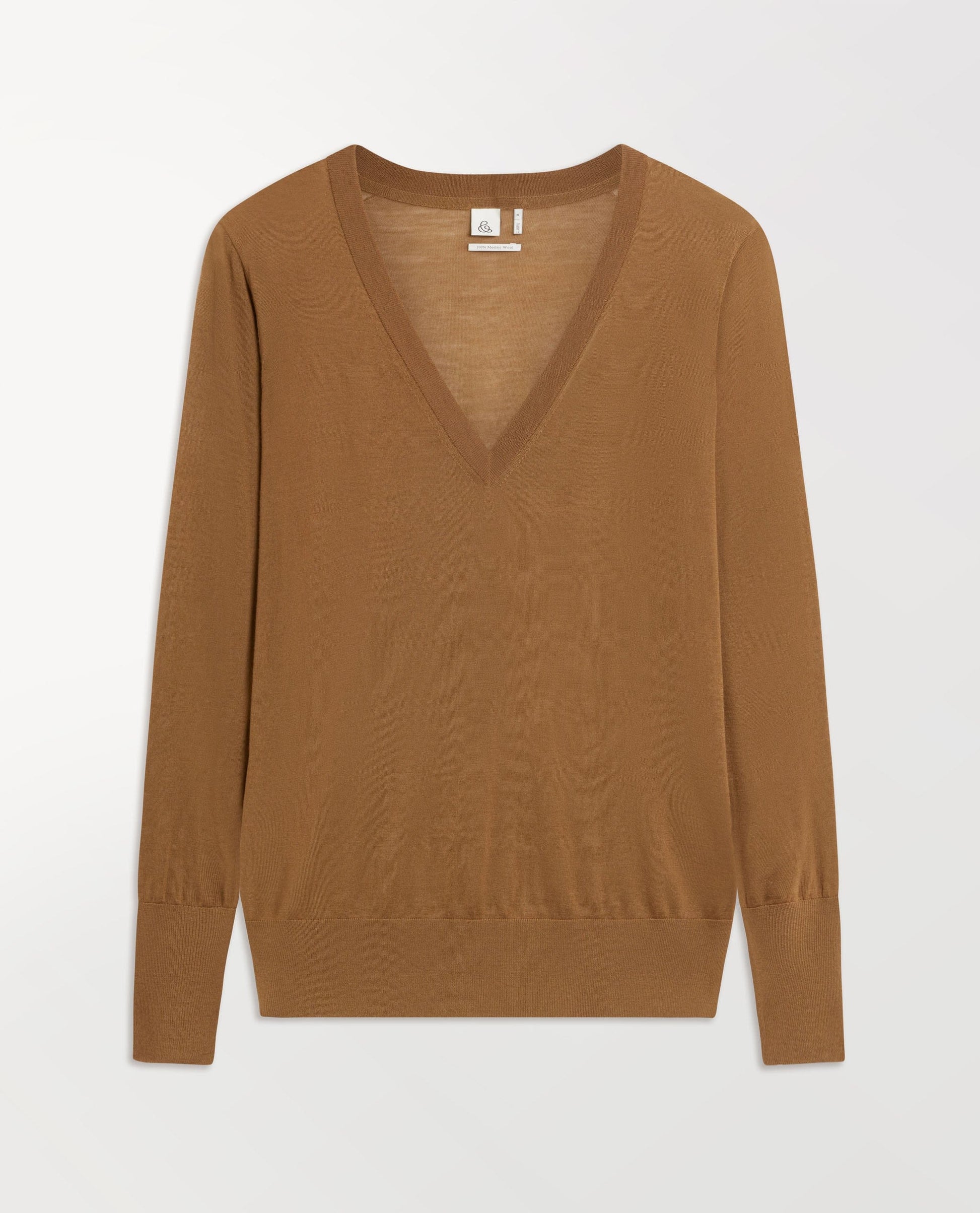 Women's Superfine Merino V Neck Jumper - Deep Camel