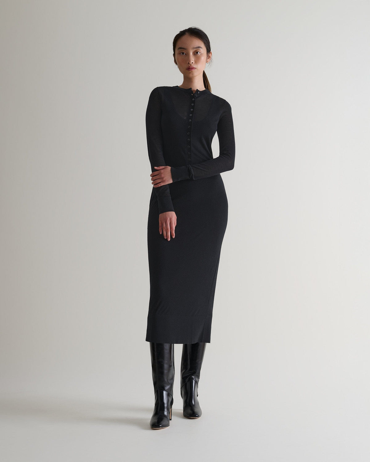 Women's TENCEL™ Cashmere Double Layered Button Dress - Black