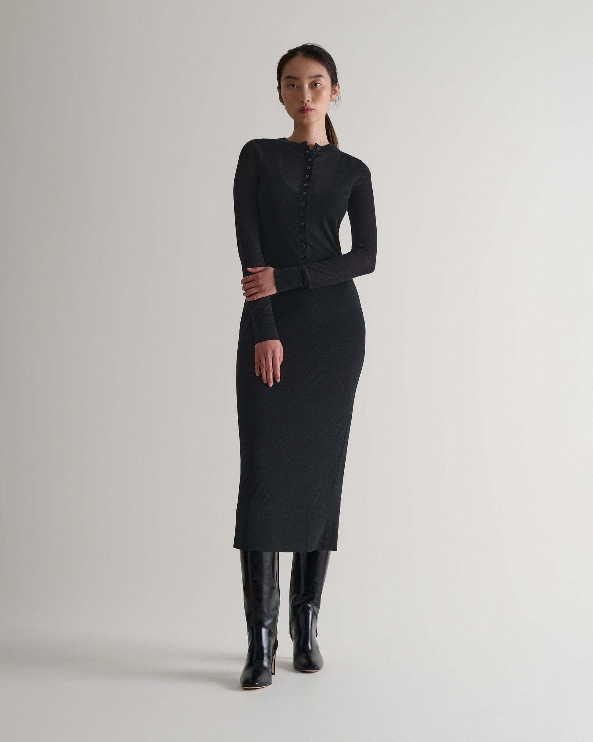 Women's TENCEL™ Cashmere Double Layered Button Dress - Black