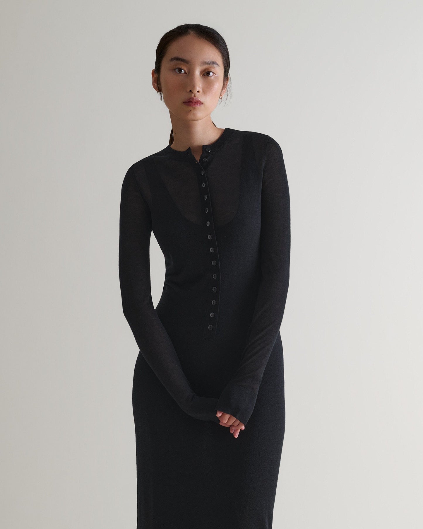 Women's TENCEL™ Cashmere Double Layered Button Dress - Black