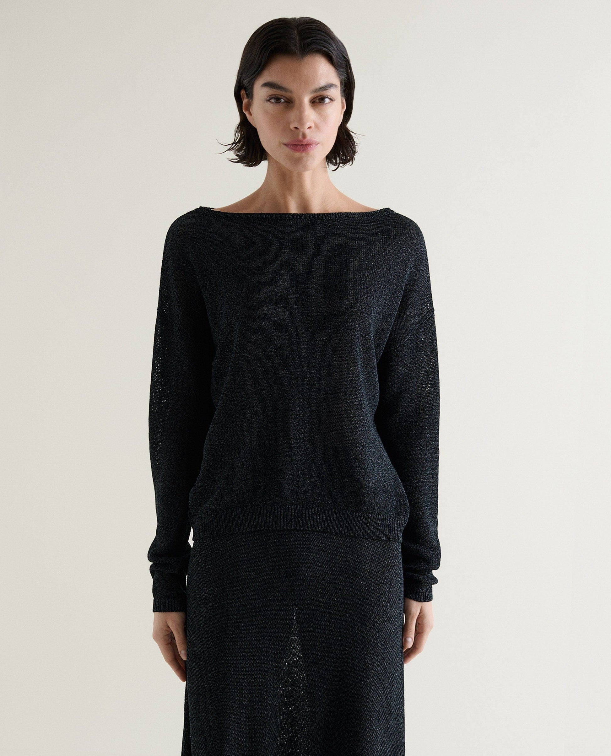 Women's Cotton Bouclé Slash Neck Jumper - Black