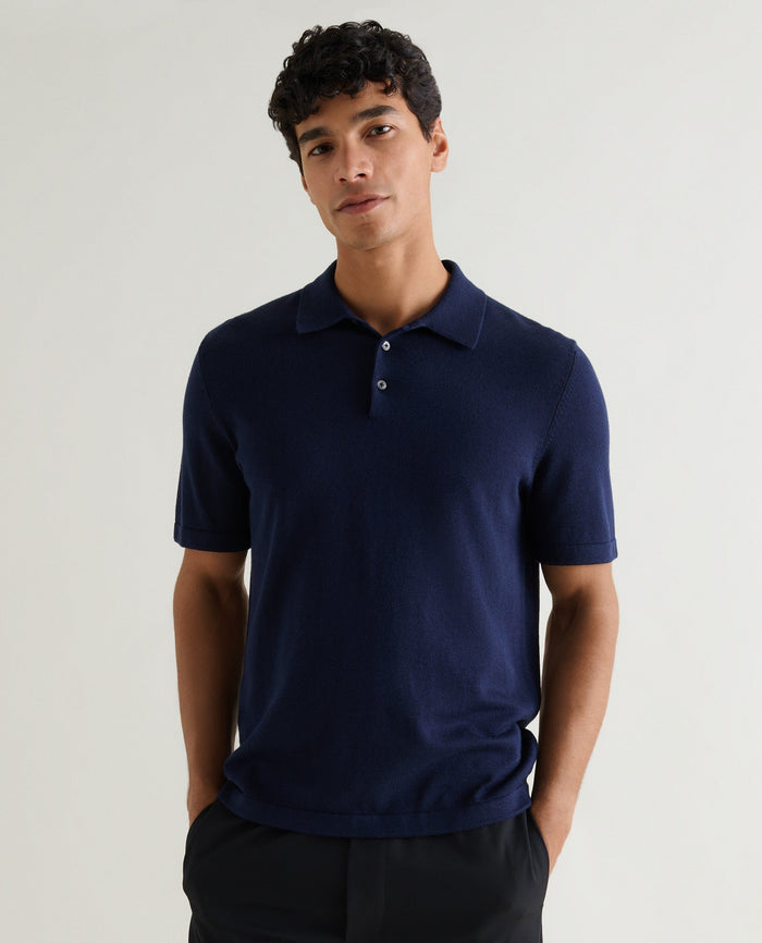 Navy - Men's Silk-Cotton Fine Knit Polo