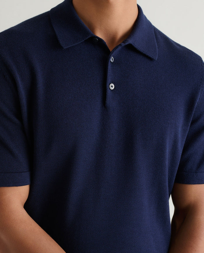 Navy - Men's Silk-Cotton Fine Knit Polo