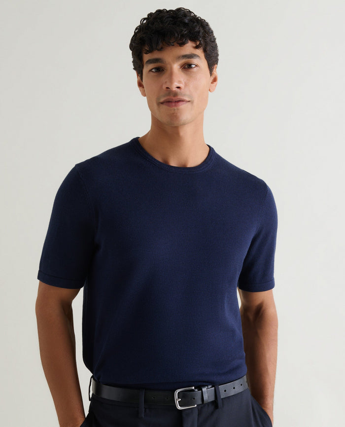 Navy - Men's Silk-Cotton Fine Knit T-shirt